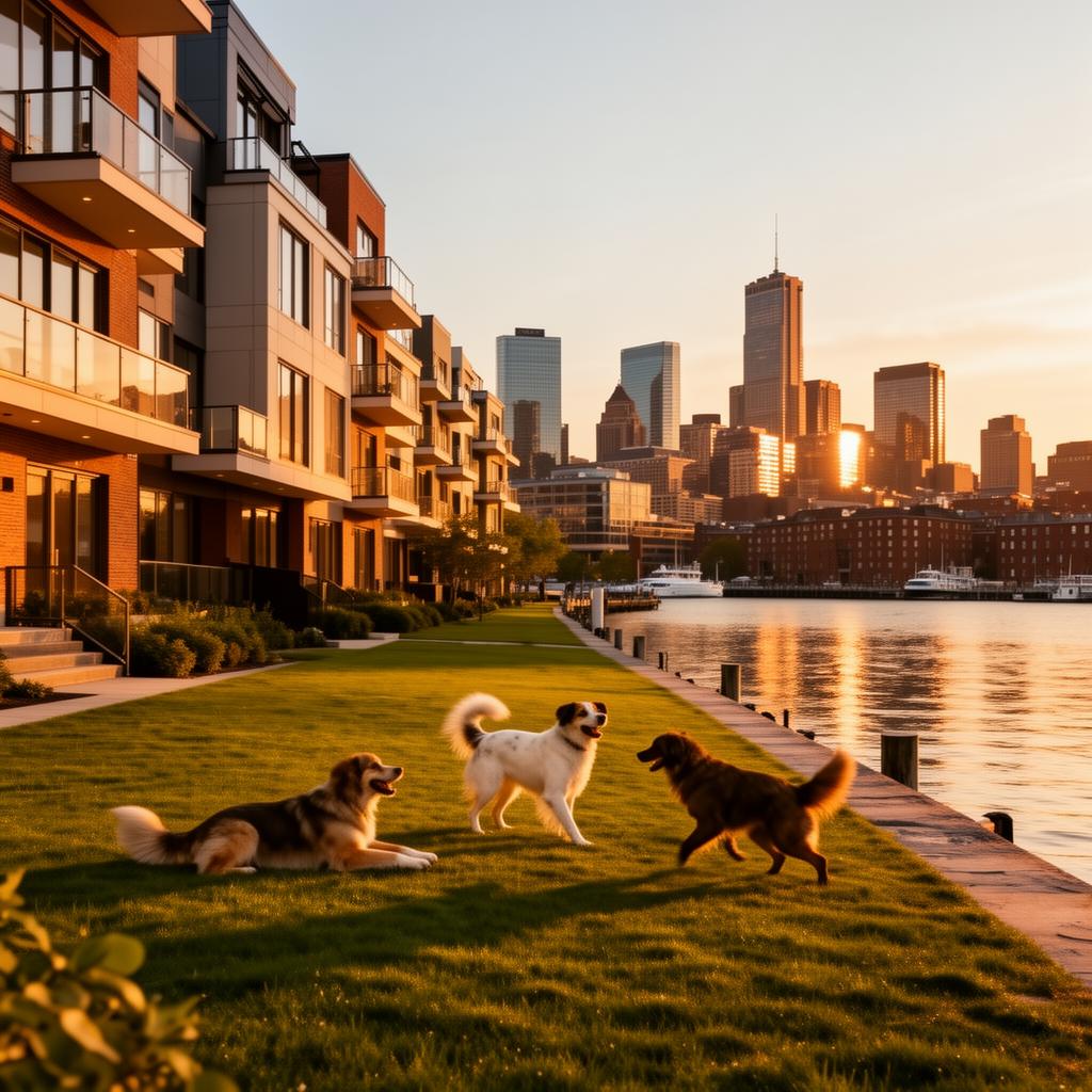 Pawmenities waterfront location in Boston Seaport at golden hour